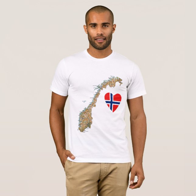 Coeur de drapeau de la Norvège et T-shirt de carte (Devant entier)