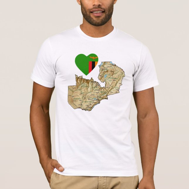 Coeur de drapeau de la Zambie et T-shirt de carte (Devant)