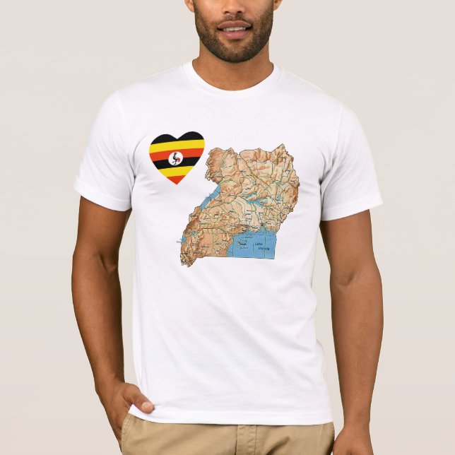 Coeur de drapeau de l'Ouganda et T-shirt de carte (Devant)