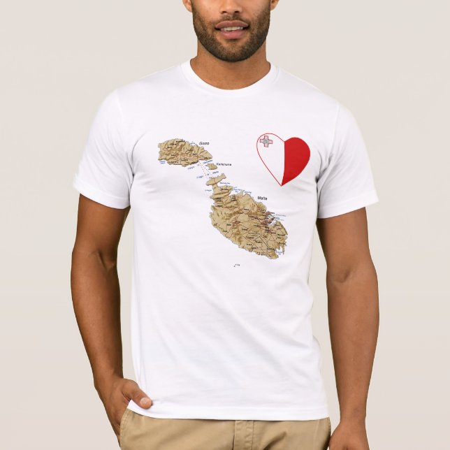 Coeur de drapeau de Malte et T-shirt de carte (Devant)