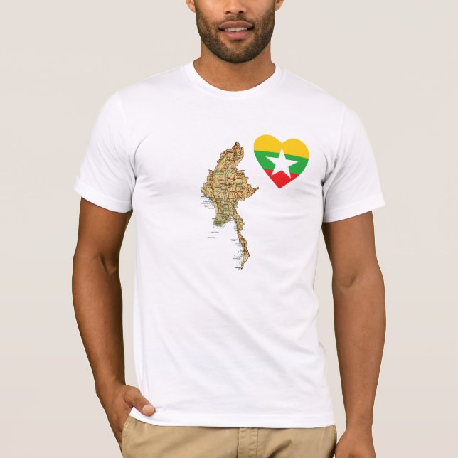 Coeur de drapeau de Myanmar et T-shirt de carte (Devant)