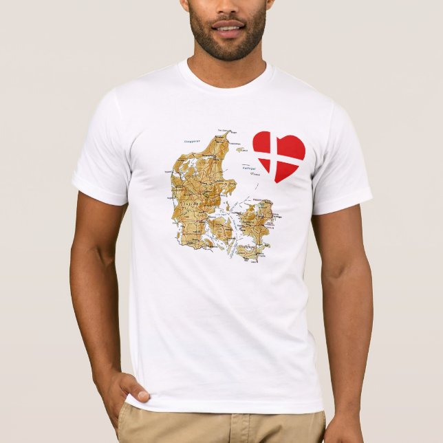 Coeur de drapeau du Danemark et T-shirt de carte (Devant)