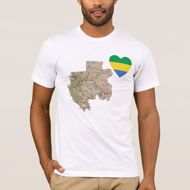 Coeur de drapeau du Gabon et T-shirt de carte (Devant)