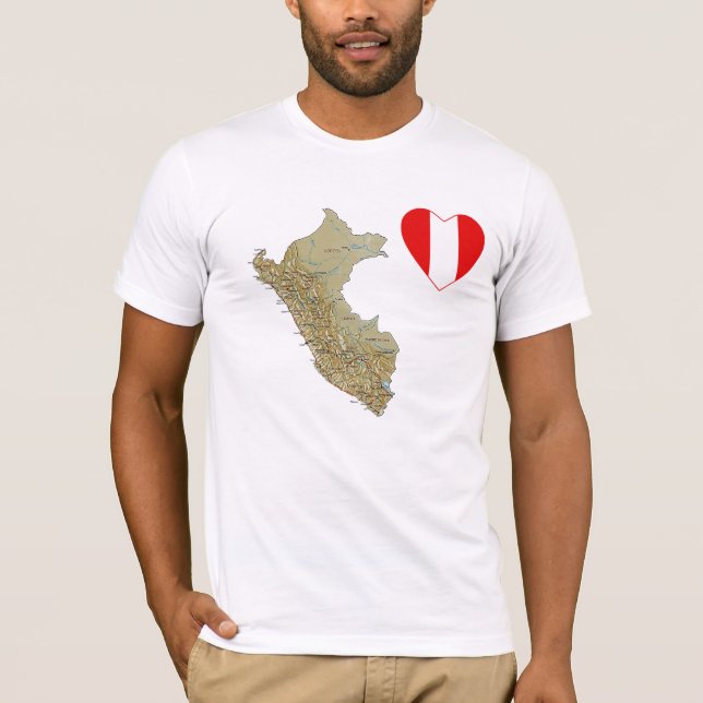 Coeur de drapeau du Pérou et T-shirt de carte (Devant)
