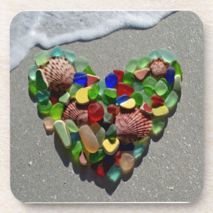 Coeur de verre de mer, dessous de verre photo en v