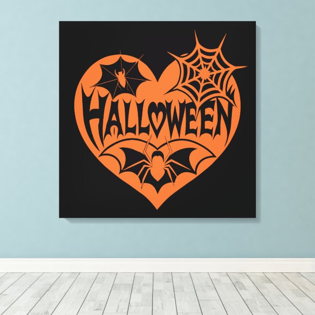 Cœur d'Halloween, Forme de cœur orange, Toile d'ar (Insitu (Plancher de Bois))
