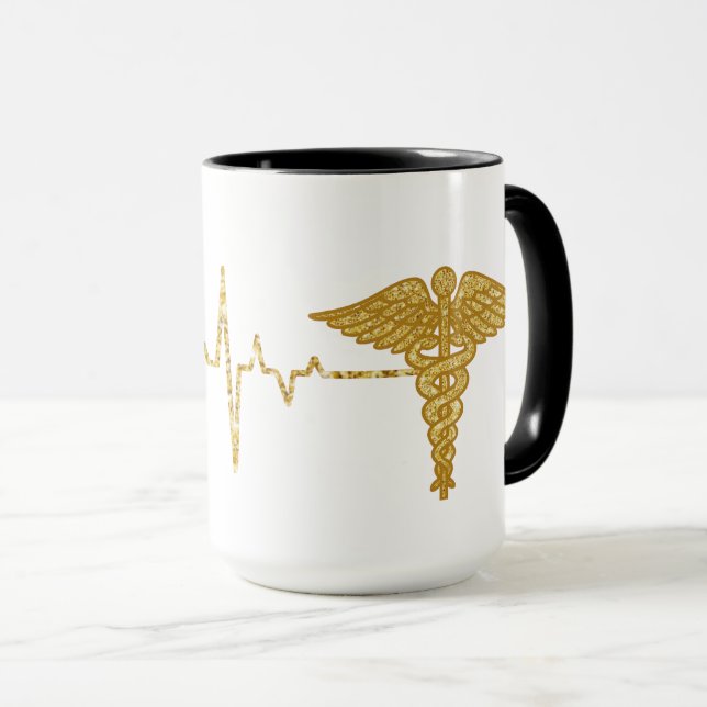 Coeur d'or avec Symbole de Caduceus Mug (Devant droit)