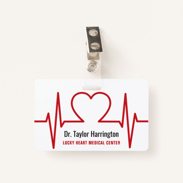Coeur EKG texte personnalisé & photo badges médica (Devant avec clip)