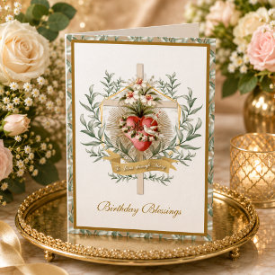 Cœur Élégant de la Vierge Marie Carte Florale Croi