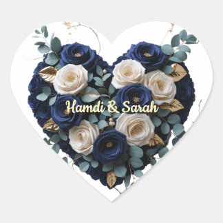 Cœur Elegant Navy Gold Floral Monogram Heart Sticker