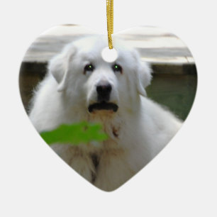 Cœur En Céramique Grand ornement blanc de chien de Pyrénées