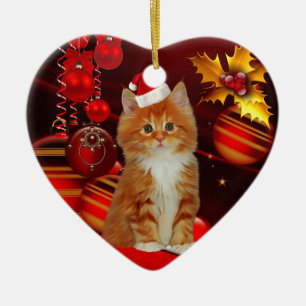 Cœur En Céramique Ornement Chat de Noël avec Chapeau de Père Noël