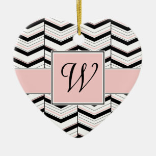 Cœur En Céramique Ornement Chevron Noir Blanc et Rose