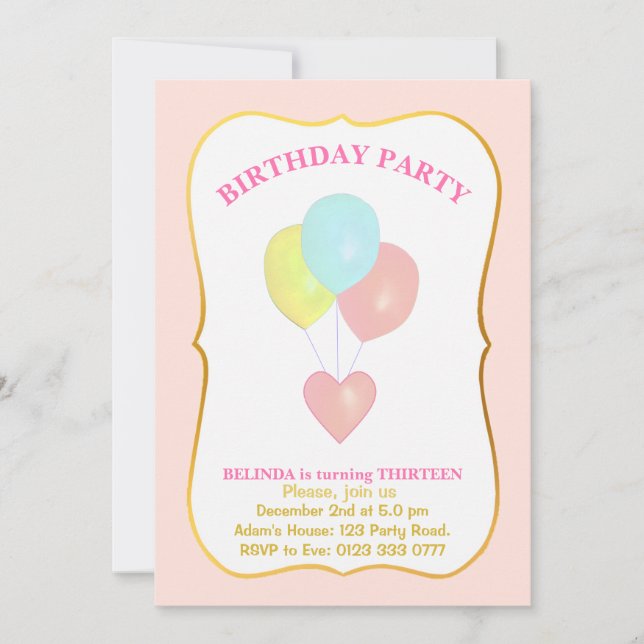 Coeur et ballons 13e anniversaire Invitation (Devant)