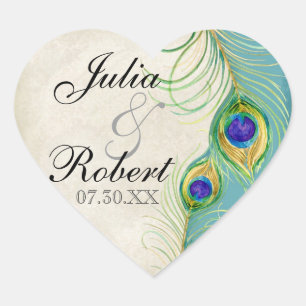 Cœur Favoriser Sticker Cadeau - Peacock Feathers Mariag