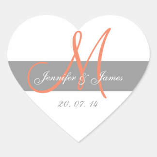 Cœur Gris CoralMonogramme Noms Mariage Favor Sticker