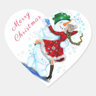Cœur Happy Snowman and Girl Dancers Sticker de Noël