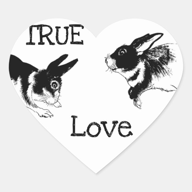 Cœur Lapins noirs et blancs, Sticker de coeur "TRUE LOV (Devant)