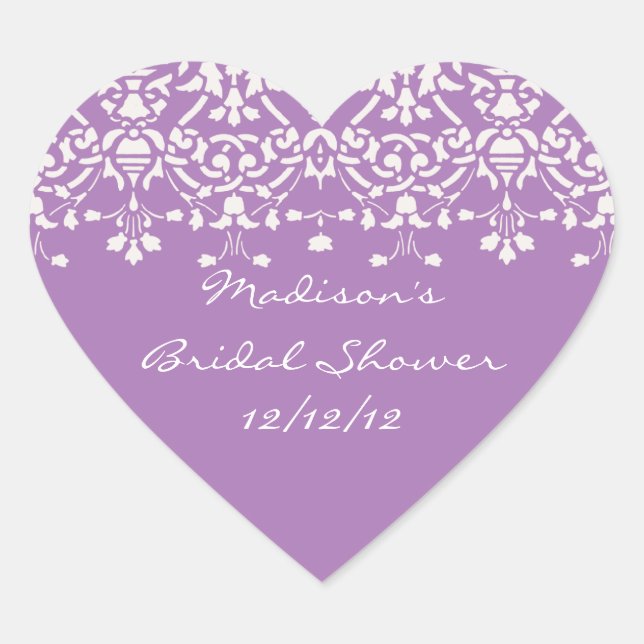 Cœur Lavande et blanc Damask Bride Douche Coeur Sticker (Devant)