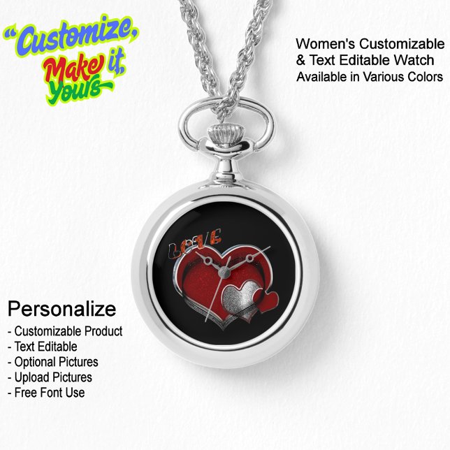 Coeur Magic Collier Argent Montre Visage noir (Women's Heart Magic Silver Necklace Watch Featuring a Black Face.)