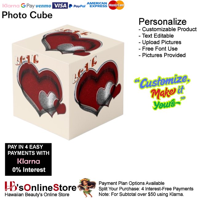 Coeur Magique Beige Photo Cube (Love Heart Red Silver with Beige Background Cube.)