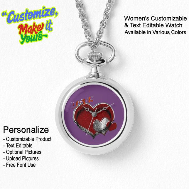 Coeur Magique Collier Argent Montre Visage pourpre (Women's Heart Magic Silver Necklace Watch Featuring a Purple Face.)