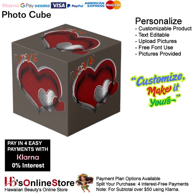 Coeur magique Cube photo Brown (Love Heart Red Silver with Brown Background Cube.)