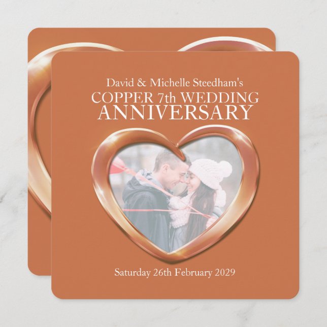 Coeur mariage cuivre 7 ans invitation de fête (Devant / Derrière)