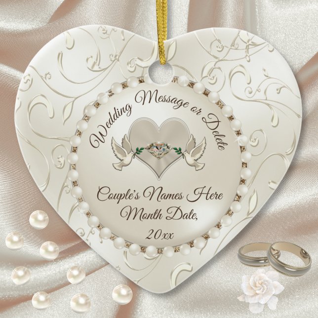 Coeur, Mariage ornements de Noël Personnalisé (Personalised Wedding Bauble. Love Birds, Heart, Wedding Christmas Ornaments. Just married ornament.)