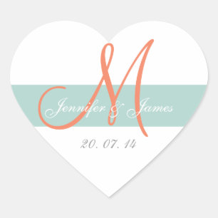 Cœur Mint Vert Orange Monogramme Mariage Faveur Sticker