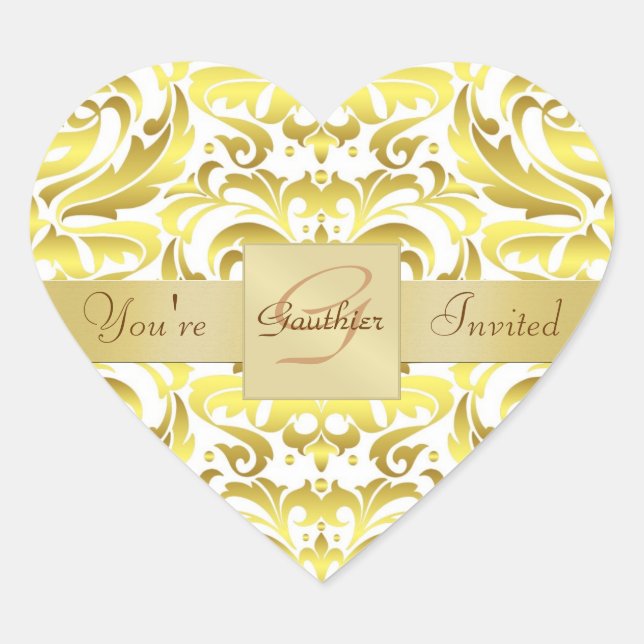 Cœur Monogramme d'or Sticker de coeur Damas blanc (Devant)