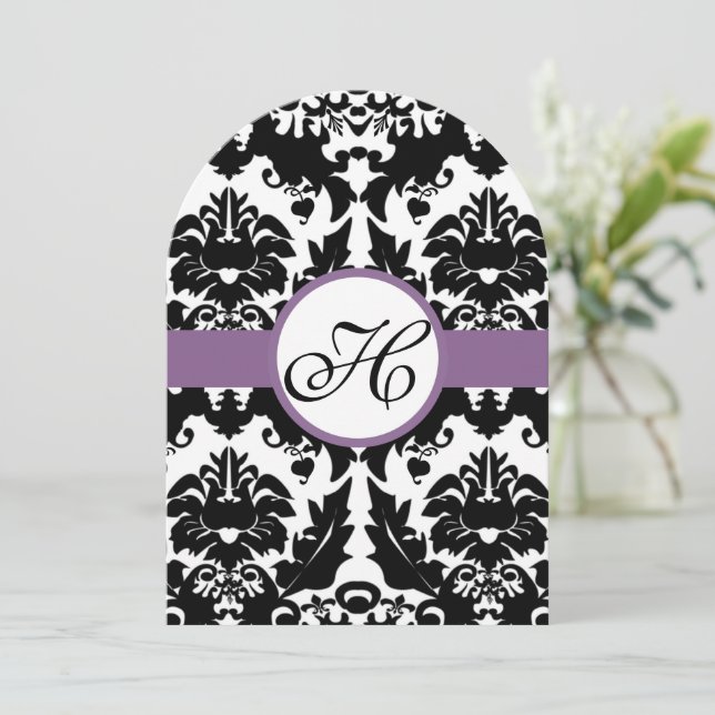Coeur noir Damask Purple Trim Faire-part de mariag (Debout devant)