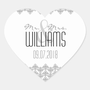 Cœur PHPH&D Mariage Sticker Coeur Gris 2 Blanc Damas