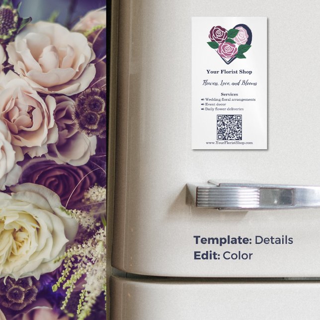 🌷 Coeur pourpre fleurit Floriste Aimant Carte de  (🌷Purple Heart Blooms Florist Business Card Magnet, Florist Shop, Tagline, Services, QR code, www)