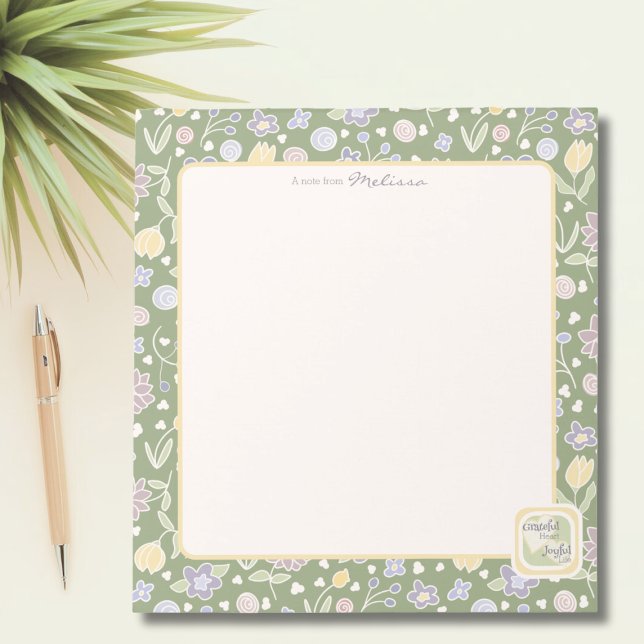 Cœur reconnaissant Vie joyeuse Bloc-notes personna (Grateful Heart Joyful Life Personalized Notepad – Floral Green Stationery for Graceful Living)