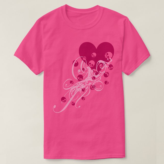 Coeur rose avec crânes et perruques T-shirt (Design devant)