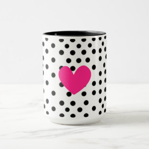 Cœur rose chaud mignon pois noir et blanc Tasse à