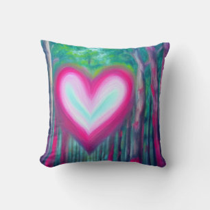 Coeur rose et Turquoise dans un Coussin forestier
