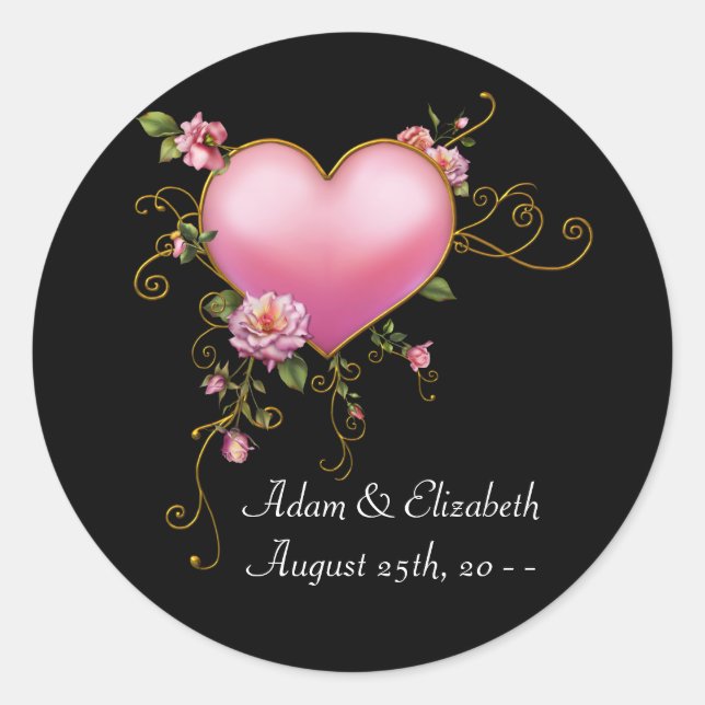 Coeur rose Noir Mariage Favoriser Stickers Étiquet (Devant)