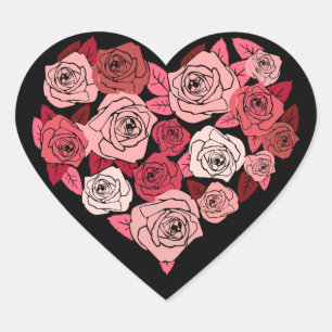 Cœur Roses du coeur et roses sur Sceau Sticker Noir