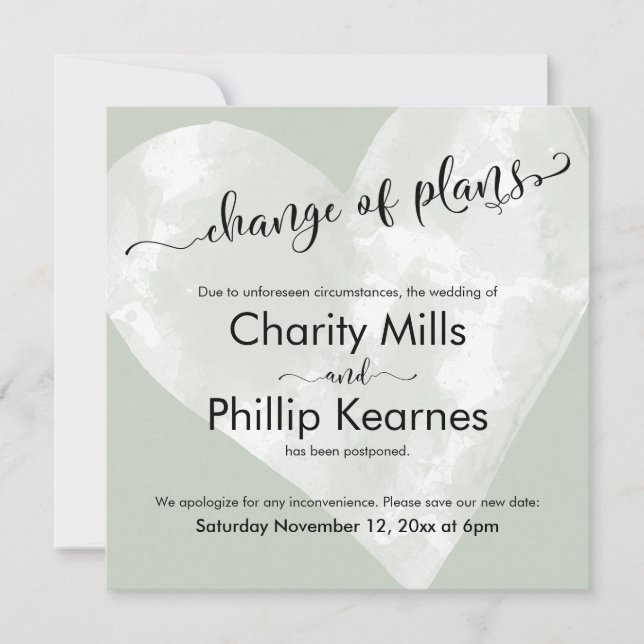 Coeur Sage Vert Reporté Mariage Changement de plan (Devant)