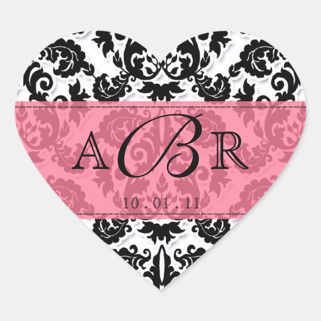 Cœur Sticker Black White n Hot rose Fleur de Lis Damask (Devant)