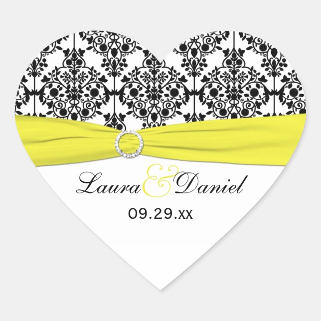 Cœur Sticker Coeur noir blanc jaune Damas 1,5" (Devant)
