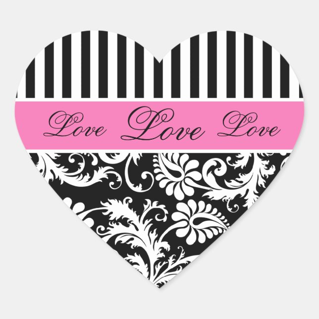 Cœur Sticker d'amour noir, blanc, PInk Damask (Devant)