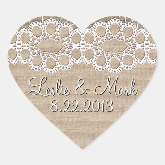 Cœur Sticker de date Mariage Burlap and Lace Shabby (Devant)