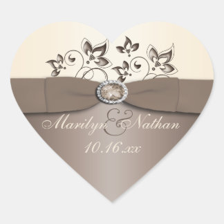 Cœur Sticker de mariage floral mocha et ivoire Favor