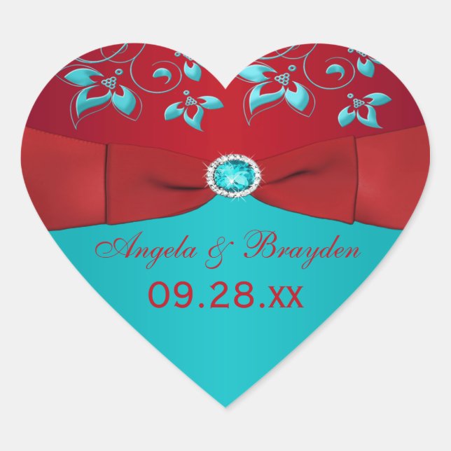 Cœur Sticker de mariage floral rouge et turquoise Favor (Devant)