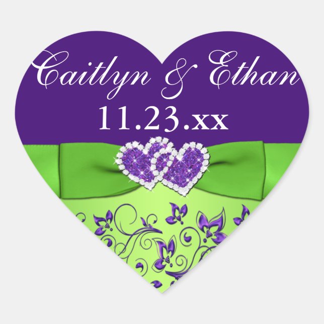 Cœur Sticker de mariage floral violet, vert (Devant)