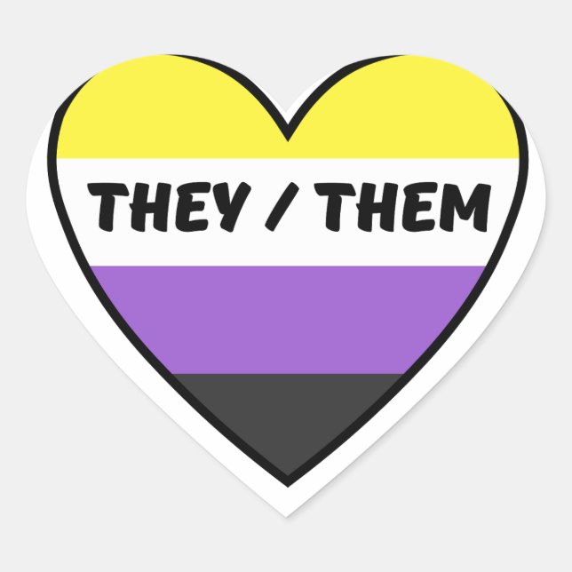 Cœur Sticker Drapeau Non Binaire Avec Ils/Eux Pronouns (Devant)