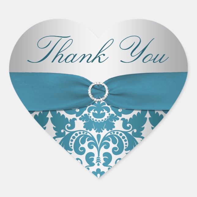Cœur Sticker en argent et en Merci Damas Turquoise (Devant)